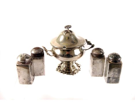 A set of four 925 marked silver pepperettes, together with a continental 925 marked silver mustard, having twin handle design