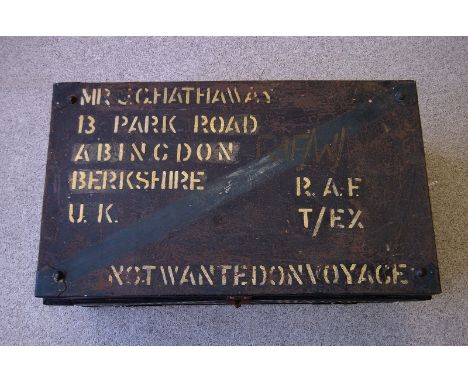 A WWII RAF tin trunk, for L.AC Hathaway, Abingdon, used but the RAF India Command, with metal pockets to inner lid (1)