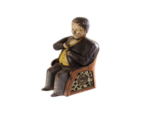 A North American painted cast iron mechanical Tammany Bank, Approx 14.5cm H, with inscription to arch of chair 'PAT DEC 23 18
