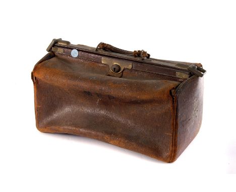 A vintage doctors leather bag, marked MEP, together with a box containing various artist equipment including oils and palette