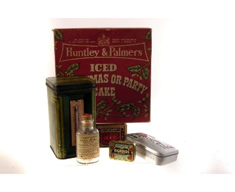 A vintage Huntley & Palmer cardboard Iced Christmas or Birthday Cake box, together with a tea a thermometer box, a Nigroids b