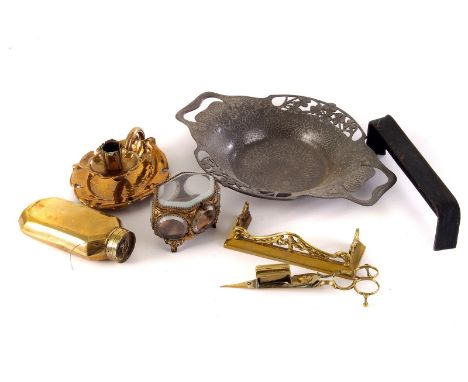 A Tudric shamrock twin handled dish, together with an Arts and Craft brass chamber stick and various other metal ware (parcel