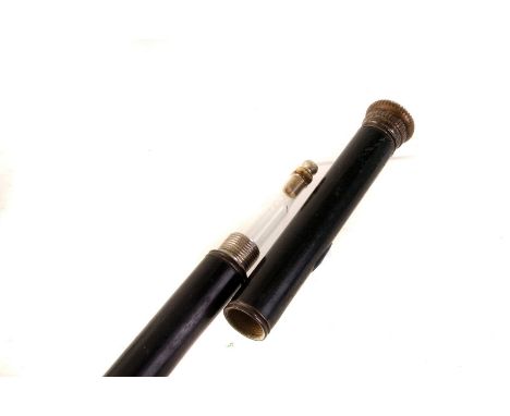 A vintage walking cane with drinks reservoir, having screw top to reveal a long slender glass drink reservoir (1)