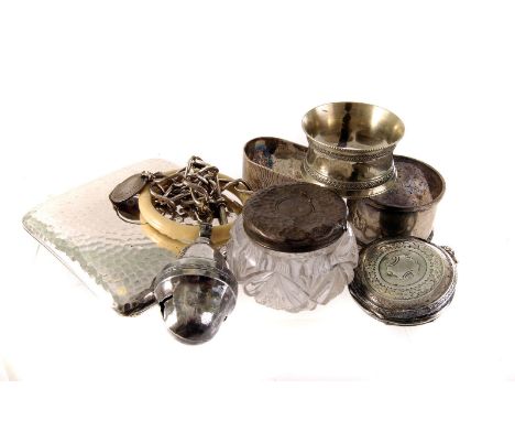 An assortment of silver and silver plated items, including napkin rings, flatware, a vesta case, a photograph frame and vario