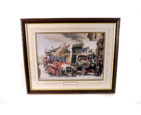 A collection of Fire Service pictures and prints,  including a Merryweather Fire Engine Makers print, an enamel Land Rover Fi