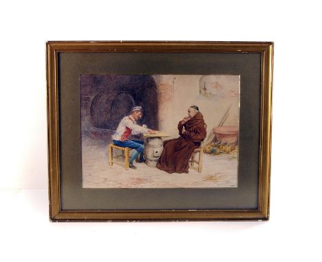 A watercolour of a vintage Inn scene, depicting two men playing cards, signed Horn to lower right, framed and glazed, approx 