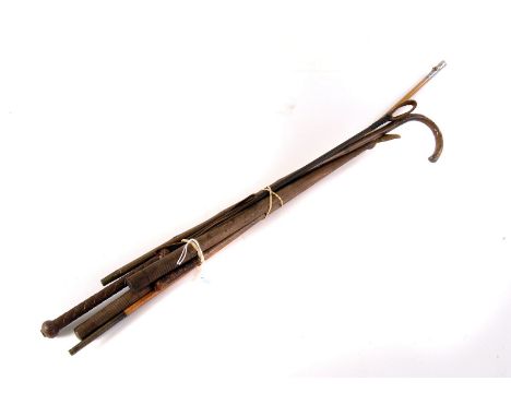 A pair of vintage drum sticks, together with a 19th century riding crop with white metal terminal with fox design having garn