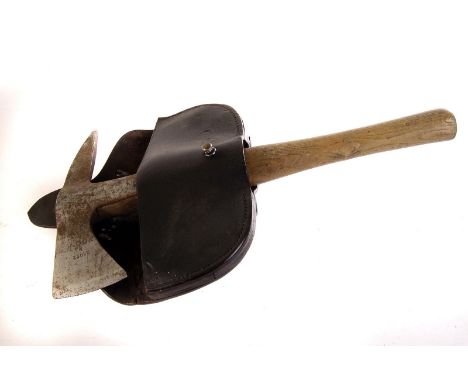 A vintage London Auxiliary Fire Service axe, marked 23896, in leather belt pouch, marked 45