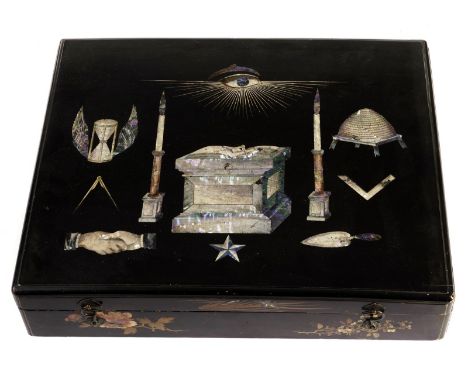 A rare Victorian paper mache lacquered and inlaid Masonic box, the top with inlaid symbols of all seeing eye, alter, beehive,