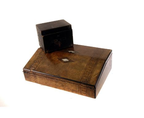 A Victorian walnut and inlaid writing slope, together with Metallifacture Coarse Pitch Screw mechanical corkscrew, plus a tea