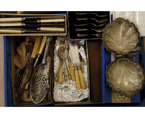 A small collection of cased and loose flatware, including silver plated examples, comprising forks, knives, spoons, servers a