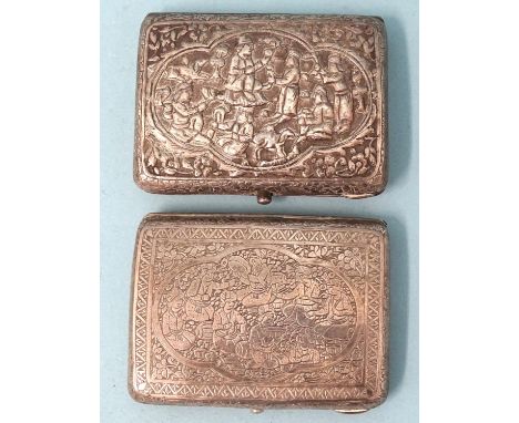 A foreign white metal cigarette case with embossed decoration and another with engraved decoration, 9 x 7cm and 9 x 6.5cm, __