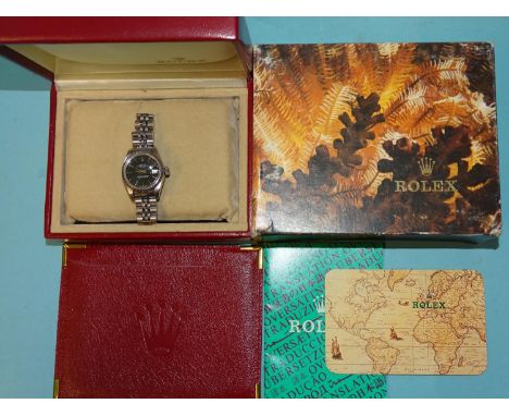 Rolex Oyster Perpetual Date/Just ladies' stainless-steel chronometer wrist watch, the black dial with baton numerals, numbere