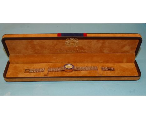Bueche Girod, a ladies' 9ct gold wrist watch, the oval dial with baton numerals and amethyst-set bezel, over 17-jewel movemen