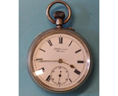 J W Benson,&nbsp;a silver-cased keyless pocket watch, the enamel dial with Roman numerals and seconds subsidiary, the movemen
