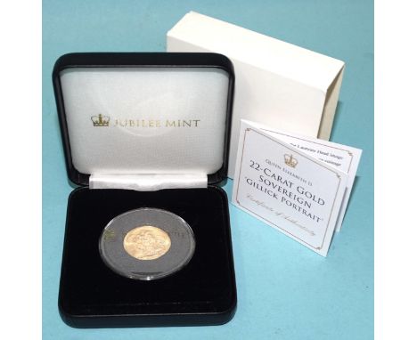 A Jubilee Mint Queen Elizabeth II 1958 sovereign 'Gillick Portrait', 22ct, 7.98g,&nbsp;in capsule and case of issue, with cer