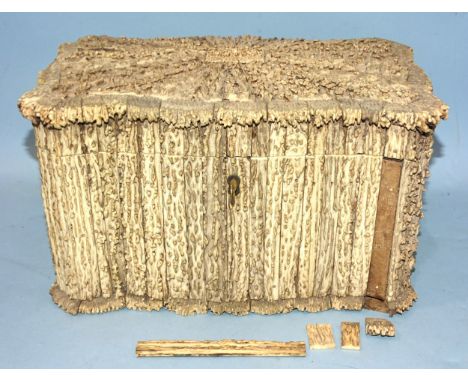 A Victorian antler two-division tea caddy of serpentine shape, the hinged lid enclosing two tin-lined caddies with decorated 