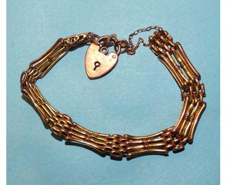A 9ct gold gate link bracelet with padlock clasp, 15cm long, (af), 7.9g.