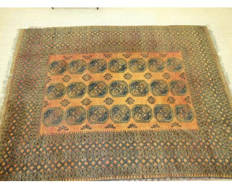 A large rust-ground Afghan carpet, the central panel with three rows of boteh, within multiple border and knotted fringe, 270