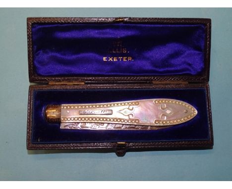 A Victorian fruit knife, the carved mother-of-pearl handle with beaded edge, enclosing a foliate-engraved blade, makers RM, E