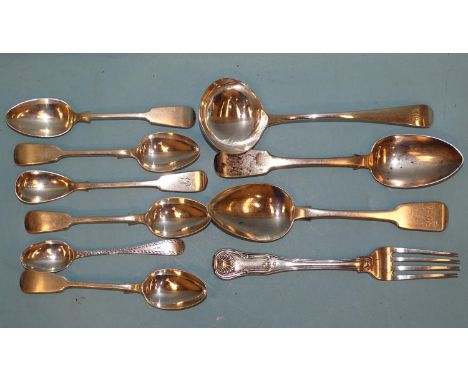 A George IV ladle, London 1825, a pair of William IV dessert spoons, Exeter 1836, maker WW, other silver spoons and a fork, t