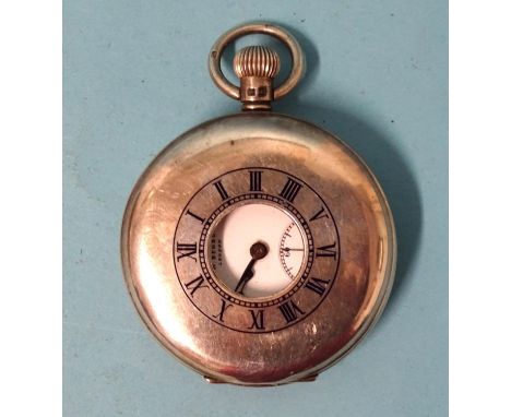 J W Benson,&nbsp;a silver-cased half-hunter keyless pocket watch, the white enamel dial with Roman numerals and seconds subsi
