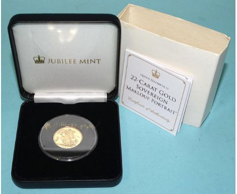 A Jubilee Mint Queen Elizabeth II 1987 sovereign 'Maklouf Portrait', 22ct, 7.98g,&nbsp;in capsule and case of issue, with cer