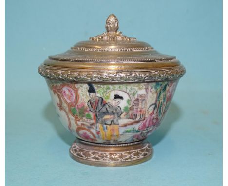 An 18th century Chinese export bowl with later French silver gilt mounts and lid marked 'A Risler &amp; Carre', 8cm high, 7.7