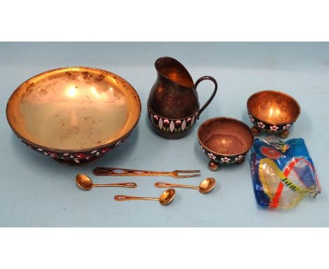 A collection of Soviet Russian enamelled 916-silver-gilt items c1960, Leningrad Jewellery Factory: bowl 21.3cm diameter, two 