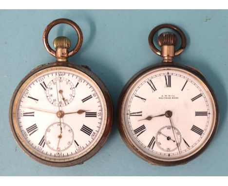 A gold-plated keyless chronograph, the white enamel dial with Roman numerals and subsidiary seconds and minutes, and a gold p