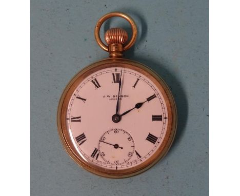 J W Benson, a 9ct-gold-cased keyless pocket watch, the white enamel dial with Roman numerals and seconds subsidiary, in plain