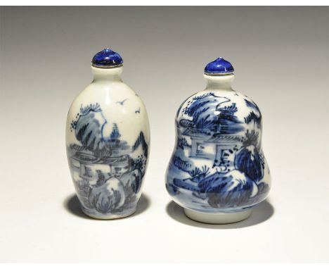 20th century AD. A mixed pair of ceramic snuff bottles comprising: one bell-shaped, white-glazed with landscape and buildings