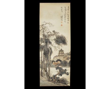20th century AD. A rectangular paper panel on a fabric backing with wooden roller; painting of trees by a river with building