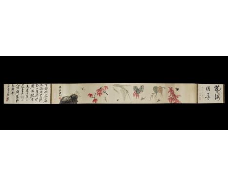 20th century AD. A rectangular paper panel on a fabric backing with wooden roller; painting of leaves and flowers with insect