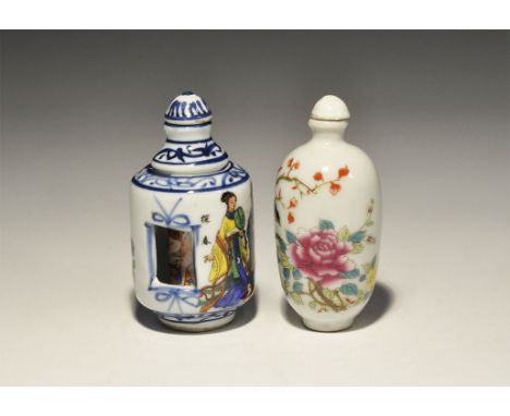 20th century AD. A mixed pair of ceramic snuff bottles comprising: one white-glazed with bird on a branch with blossom, text 