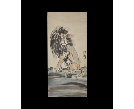 20th century AD. A rectangular paper panel on a fabric backing with wooden roller; painting of a lion sitting looking over it