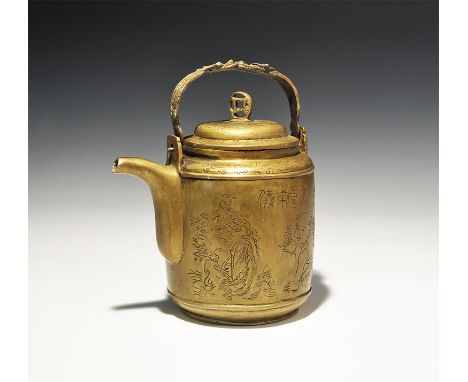 20th century AD. A brass teapot and lid comprising a barrel-shaped body with curved spout and hinged handle formed as opposed