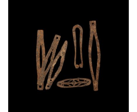 10th-14th century AD. A mixed group of iron tools comprising: four bodkins, possibly for fishing nets; a square-section U-sha