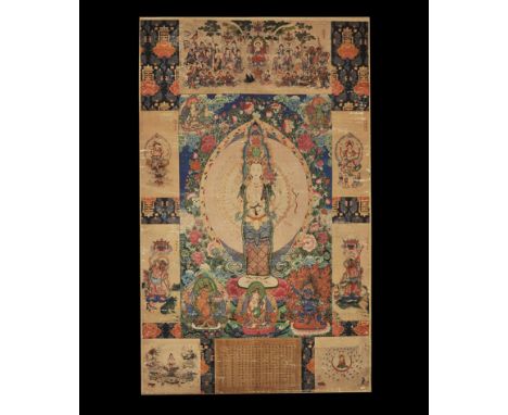 20th century AD. A rectangular paper panel on a fabric backing with wooden roller; painting of Avalokiteshvara surrounded by 