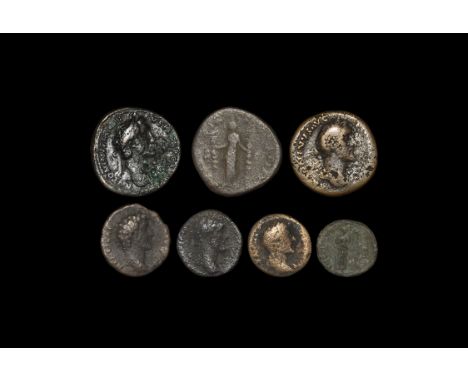 138-161 AD. Group comprising: sestertii (3; one with temple reverse), ases (3, various reverses) and tetradrachm (1). 101.11 