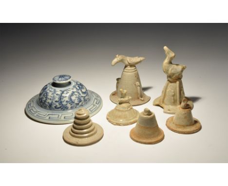 Ming Dynasty, 1368-1644 AD or later. A mixed group of glazed ceramic lids comprising: three small conical lids each with a br