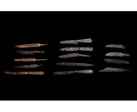 12th-16th century AD. A mixed group of German iron knife blades of whittle-tang and scale-tang types, various profiles, some 