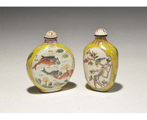 20th century AD. A mixed pair of ceramic snuff bottles comprising: one with scenes of birds and flowers, signature to the und