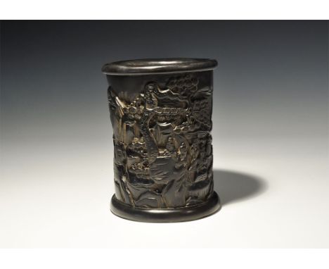 20th century AD. A composition container with broad base and rim, high-relief landscape with mountains, trees, group of figur