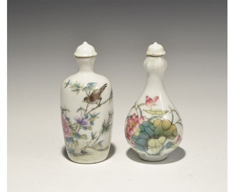 20th century AD. A mixed pair of ceramic snuff bottles comprising: one piriform with polychrome flowers and text; one with bi