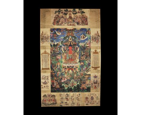 20th century AD. A rectangular paper panel on a fabric backing with wooden roller; painting of the Medicine Buddha surrounded