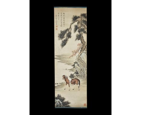 20th century AD. A rectangular paper panel on a fabric backing with wooden roller; painting of a horse in a landscape; four c
