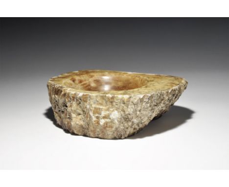 A vintage bowl made from gypsum alabaster with an unusual mottled structure, coated with a now discoloured varnish. 2.1 kg, 1