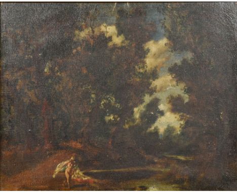 CONTINENTAL SCHOOL (18th/19th century)Figure in a River LandscapeOil on canvasOld label to verso for Ernst Muzeum48.5 x 38.5 