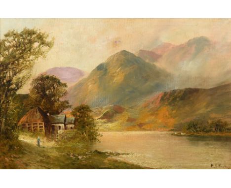 MONTGOMERY ANSELL (19th century) BritishFigure Before a Cottage in a Highland Loch SceneOil on canvasSigned75 x 49.5 cm, fram